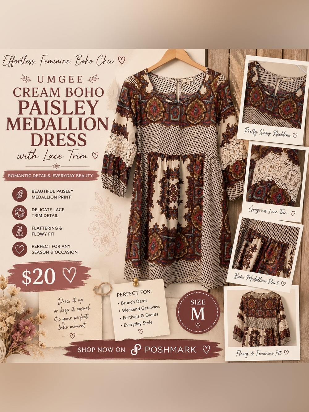 Umgee Cream Boho Paisley Medallion Dress with Lace Trim
